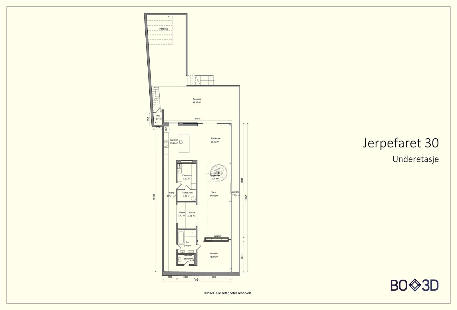 Hoved-/underetasje, BRA-i 156 m²: Stue med peis og trapp, spisestue, kjøkken, gang, vaskerom, teknisk rom, arbeidsplass og master soverom med bad og toalettrom, Galleribilde