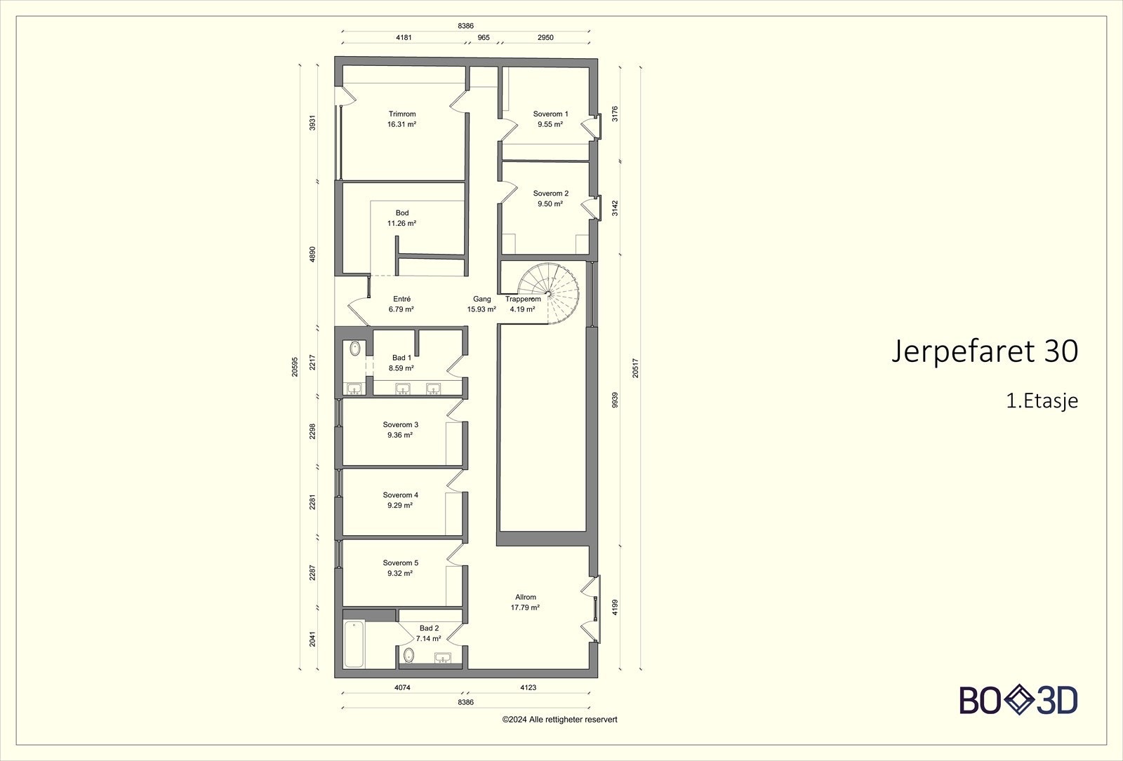 1. etasje, BRA-i 144 m²: Entré, hall/mezzanin med trapp, omkledningsrom (garderoberom), gang, TV-stue, fem soverom, trimrom og to bad/wc Galleribilde