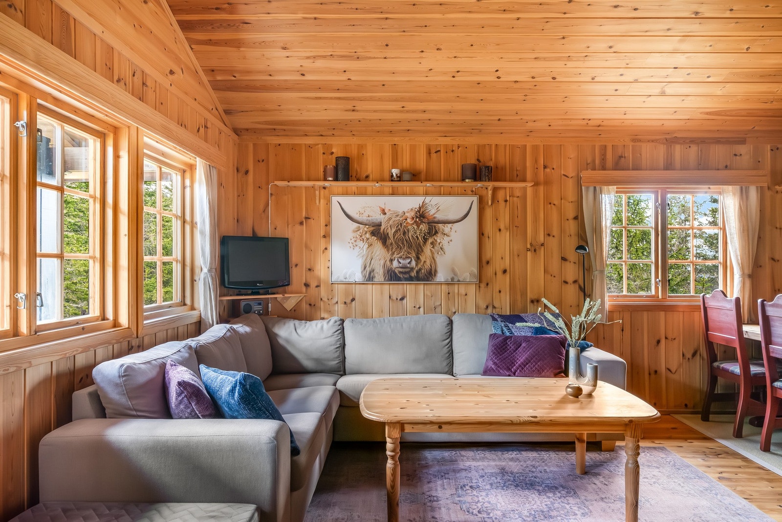 Fritidsboligen har en lun og innbydende stue. Galleribilde