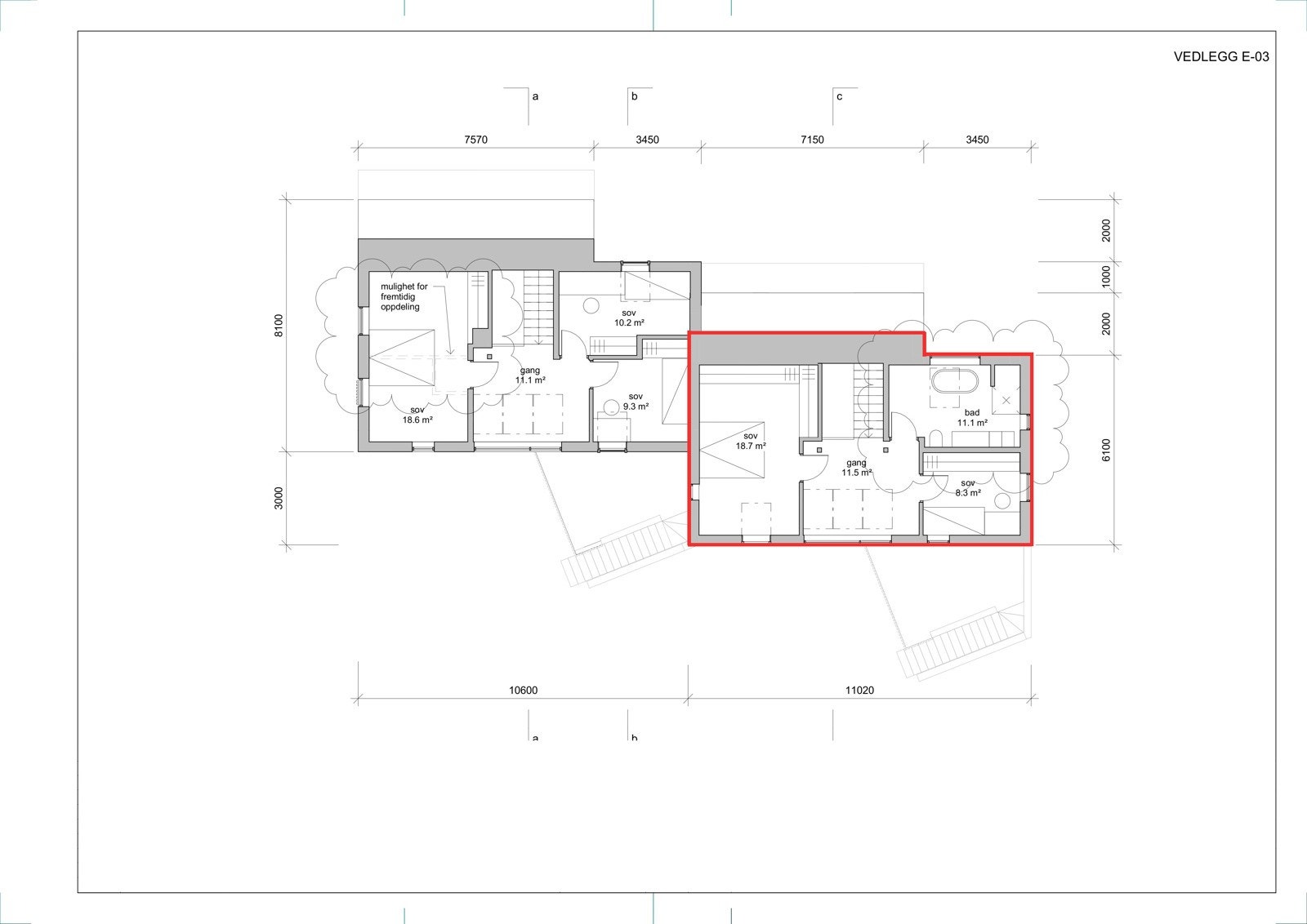 Plantegning 3. etasje (tegninger er fra byggesøknad og er kun ment som illustrasjon). Galleribilde