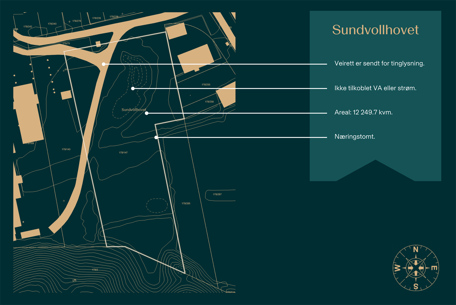 Informasjon og tomtegrense. Det er sendt en veirett for tinglysning for veien som går over tomten, for 178/143 og 178/109. Galleribilde
