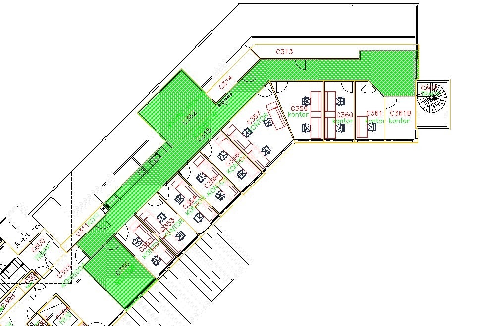 Tegning av lokalet. 5 kontorer av 10 er ledige for utleie Galleribilde