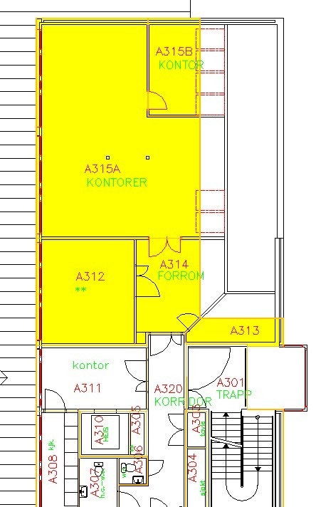 Kontor 2: Dette er et større areal hvor det er møterom, cellekontor og åpent landskap. I tillegg til en mindre kjøkkenløsning. Galleribilde