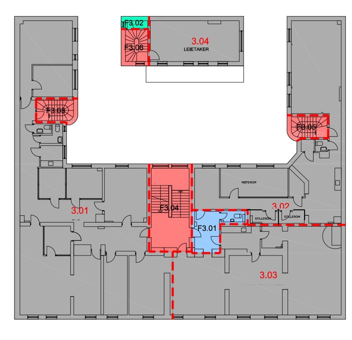 Det ledige lokalet 3.02 er delt opp med glassvegger. Lokalet har vinduer ut mot stille bakgård med gode lysforhold. Galleribilde