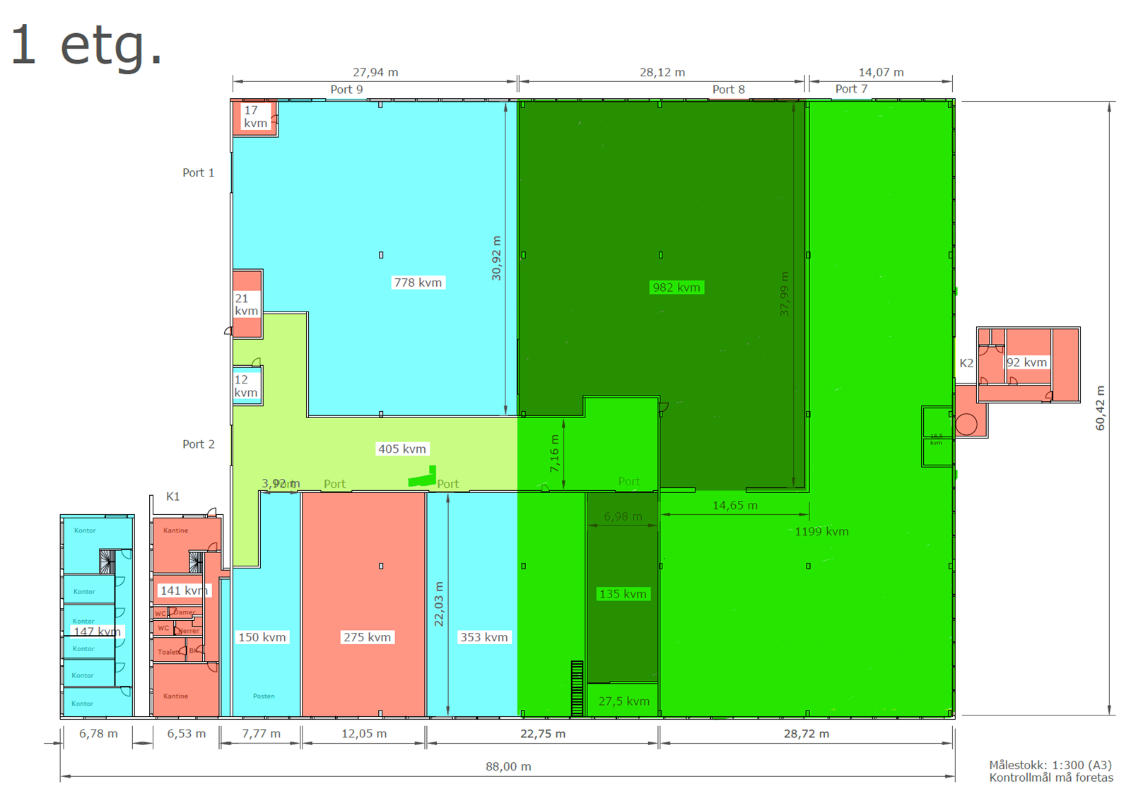 Plantegning 1. etg. ledig areal BTA 2700 m².