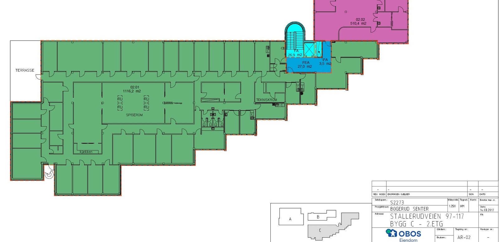 Det ledige lokalet markert i grønt og viser dagens romsituasjon Galleribilde