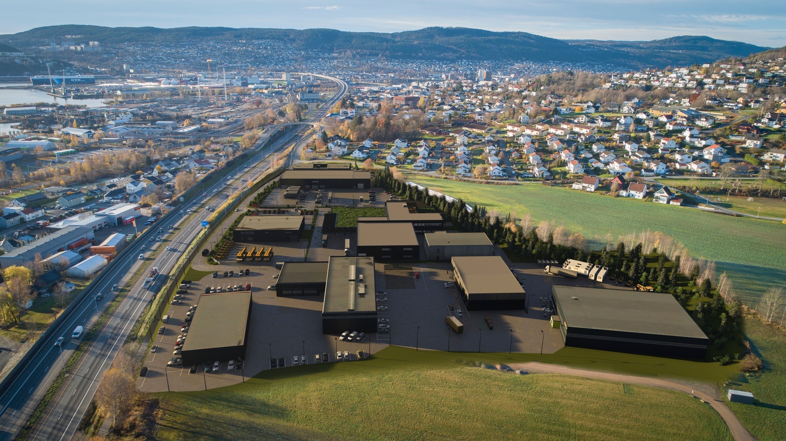 Området ligger tett på Drammen, Brakerøya stasjon og byens hovedveinett Galleribilde