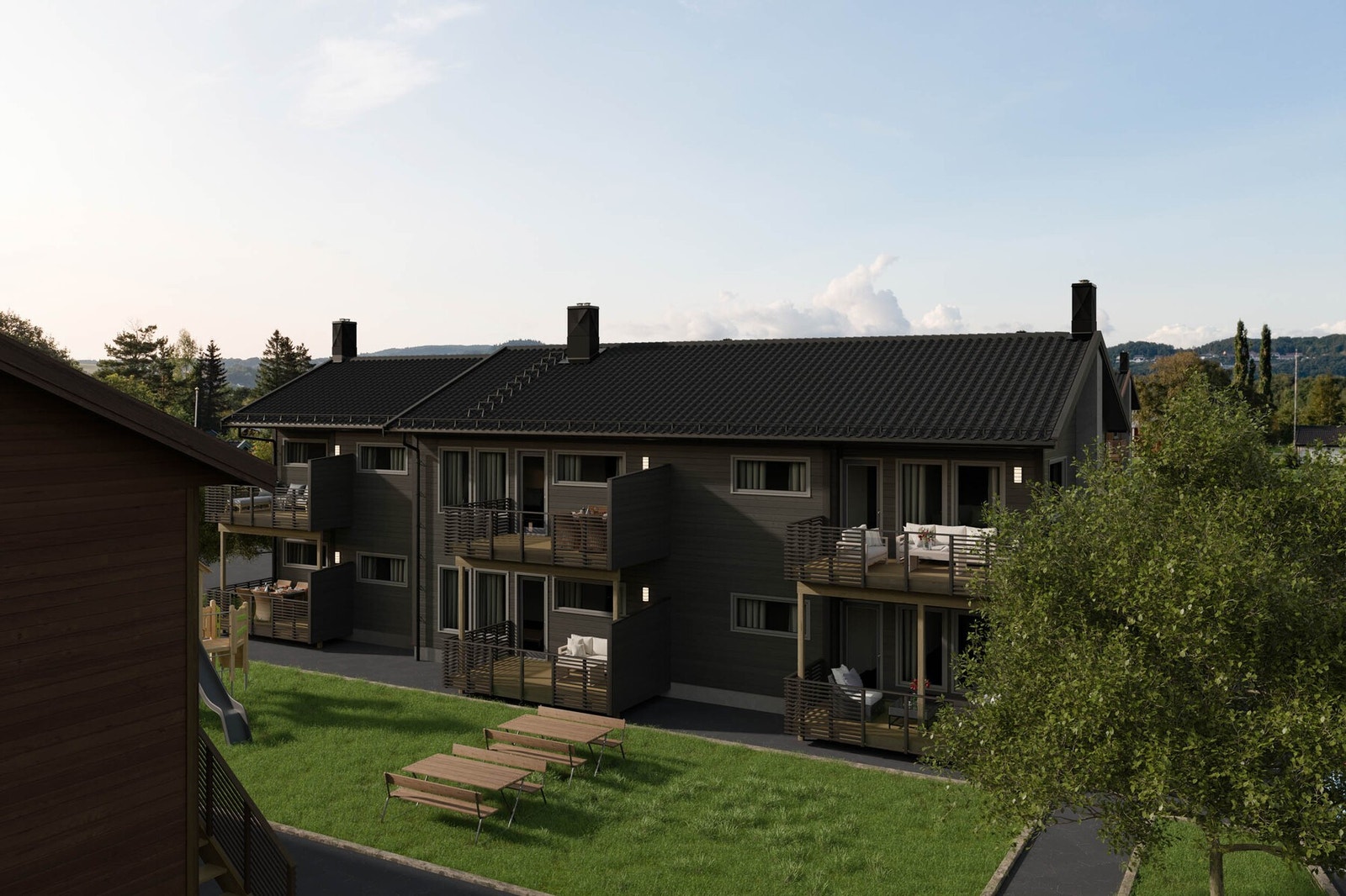 Alle leilighetene vil få solrike uteplasser og egen parkeringsplass med lademulighet i carport. Galleribilde