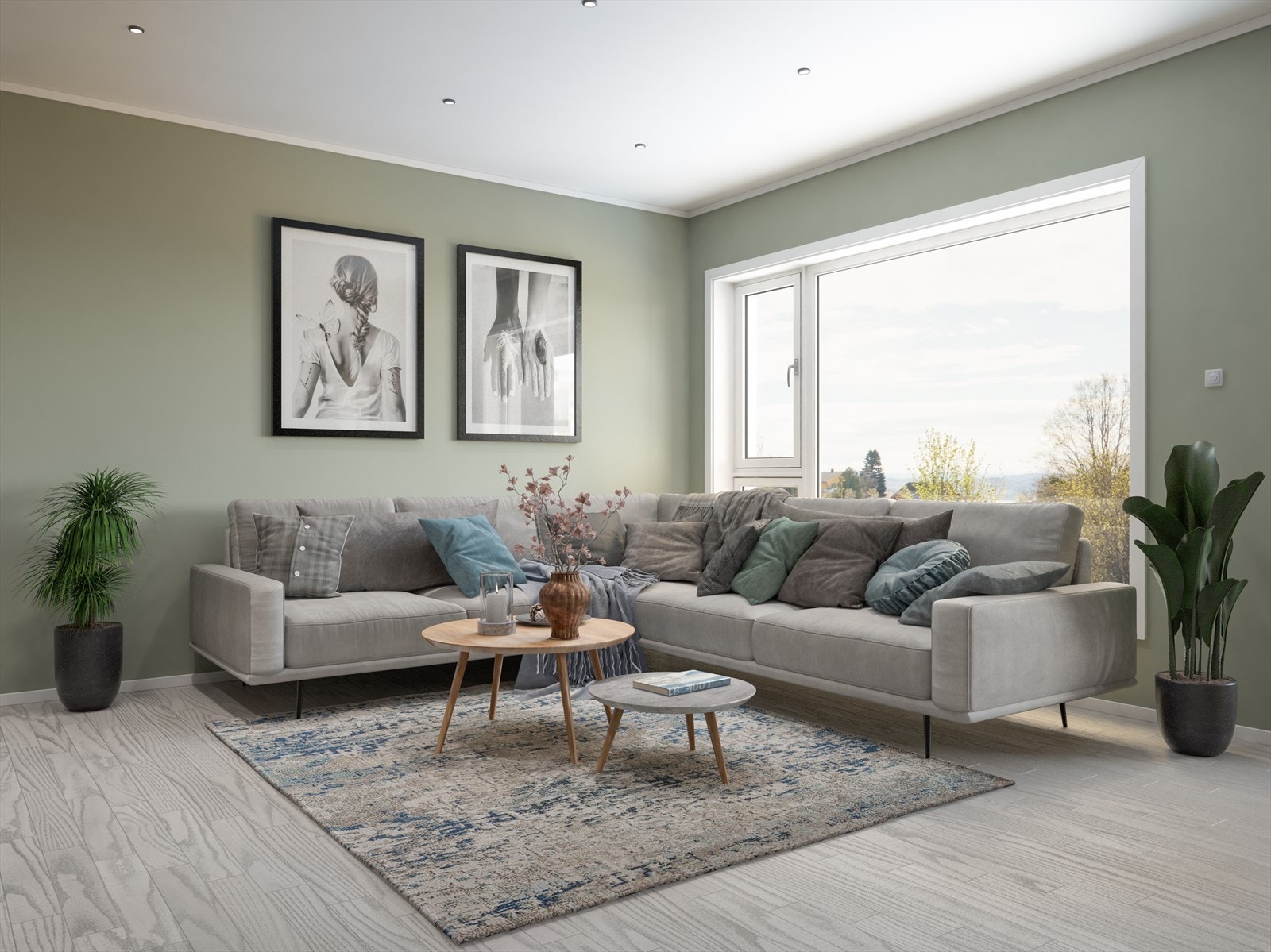 Stuene vil oppleves som lyse og med en herlig romfølelse takket være store vindusflater. Bildet er en illustrasjon og avvik vil forekomme. Galleribilde