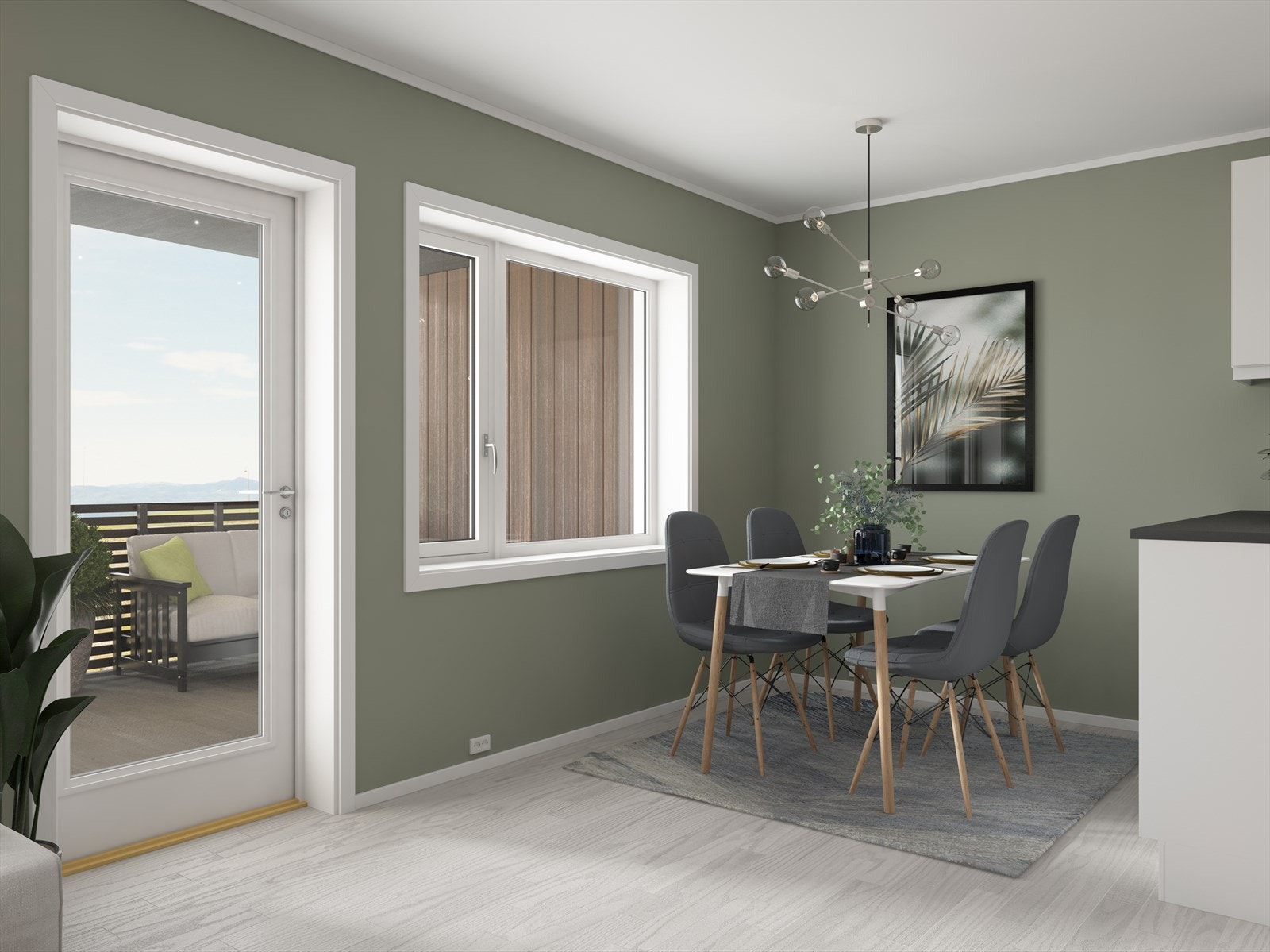 Fra stue- og kjøkken er det utgang til balkong på ca. 9 m². Bildet er en illustrasjon og avvik vil forekomme. Galleribilde