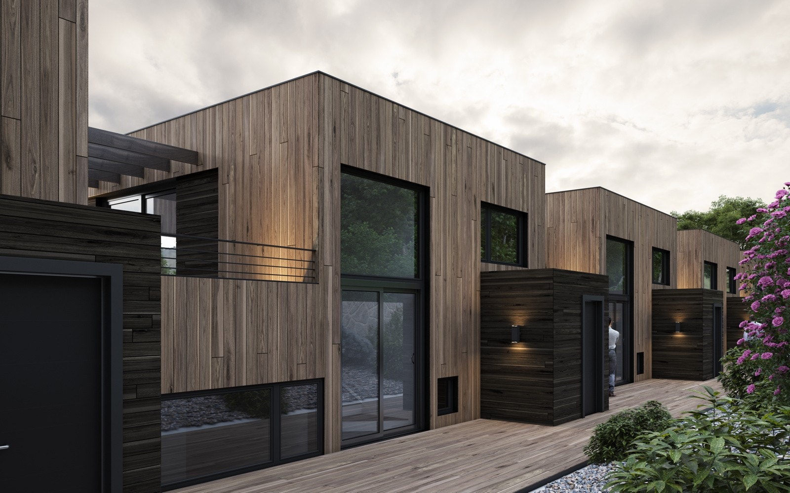 Boligene får en tilbaktrukket hage, grensende mot Estenstadmarka (illustrasjon av boliger, avvik vil forekomme). Galleribilde