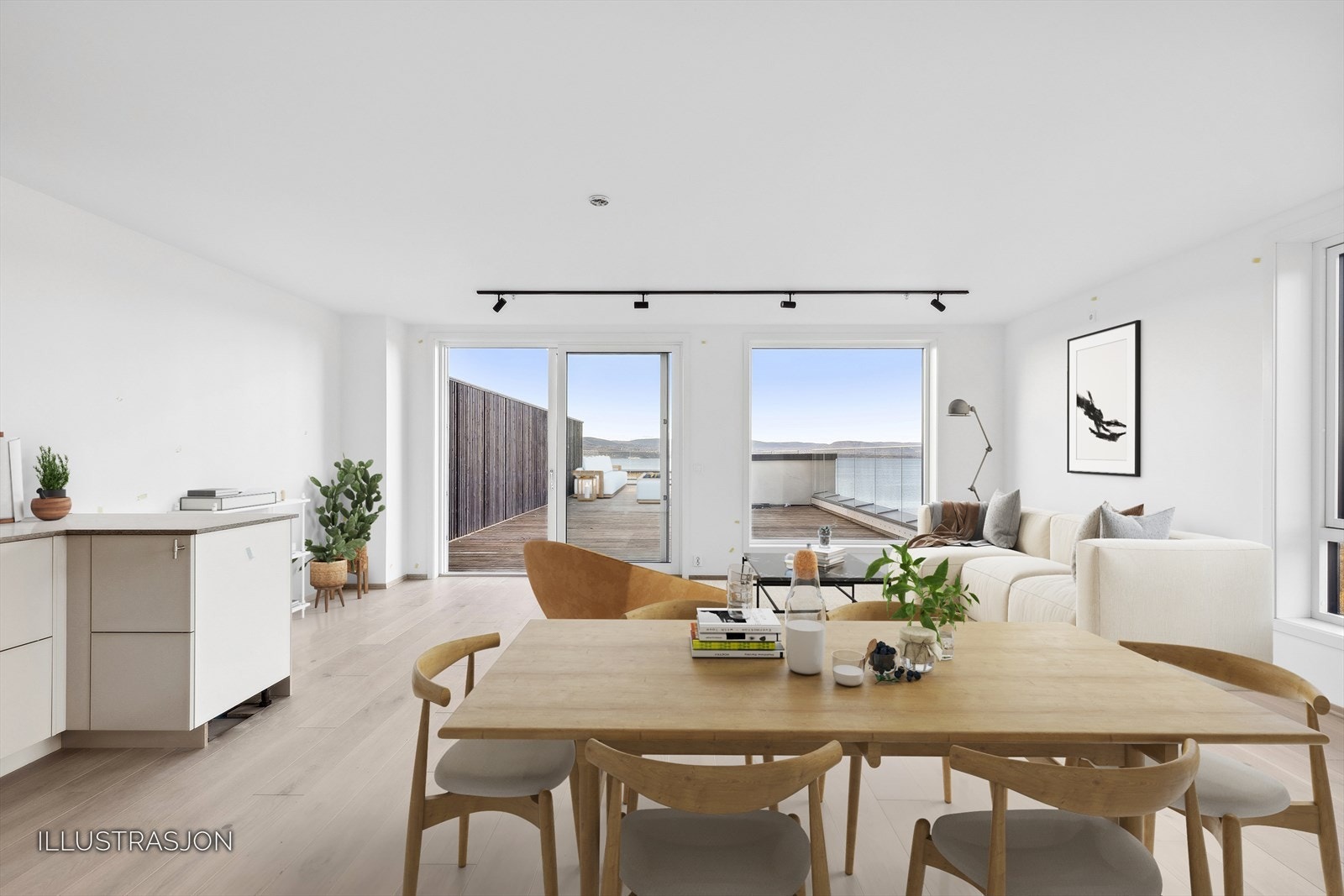 Stue med skyvedør ut til stor og solrik takterrasse. Galleribilde