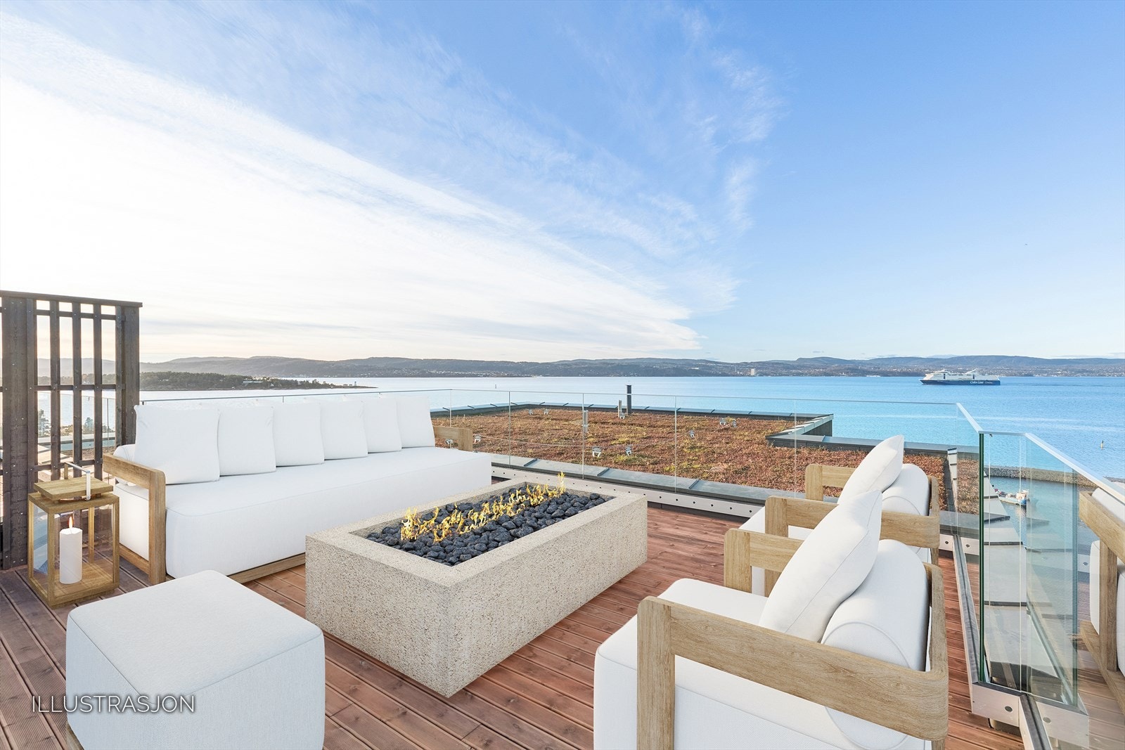 Ytterst på takterrassen er det fin plass for sittegruppe og nydelig sjøutsikt. Galleribilde