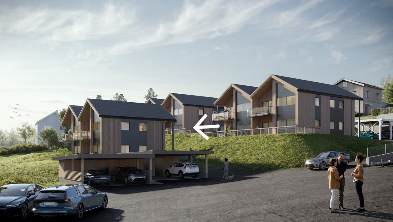 Velkommen til Grønlihagen. Flotte selveierleiligheter midt i Kviteseid sentrum. Leiligheten er markert med pil. Bildet er en illustrasjon og avvik vil forekomme Galleribilde