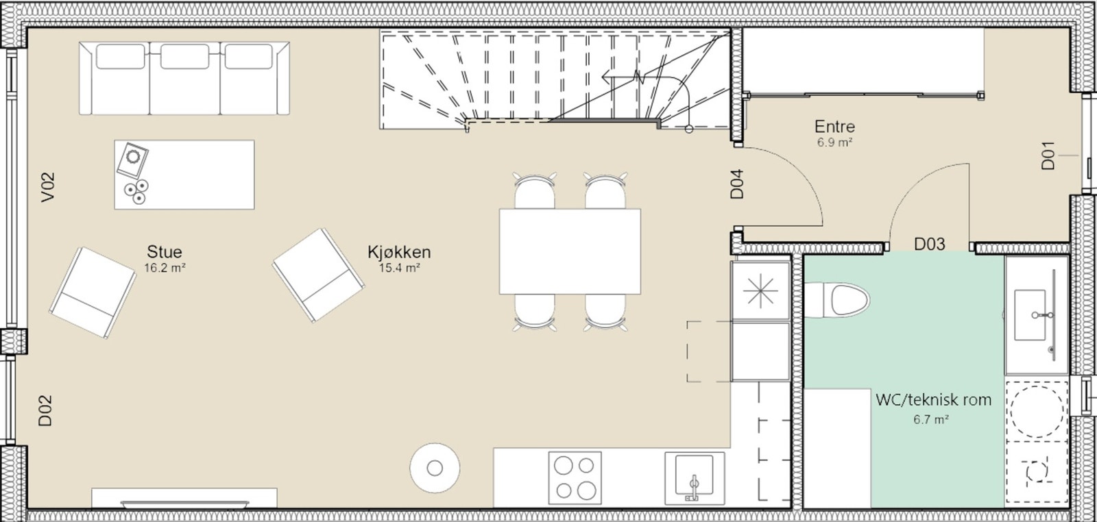1. etasje: Entré, wc/teknisk rom og stue/kjøkken. Galleribilde