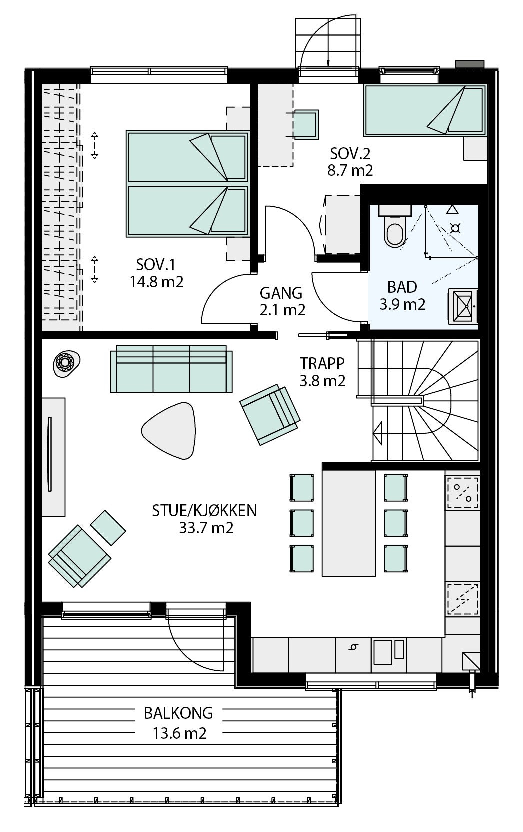 1.etasje. Planløsningen kan også være speilvendt. Galleribilde