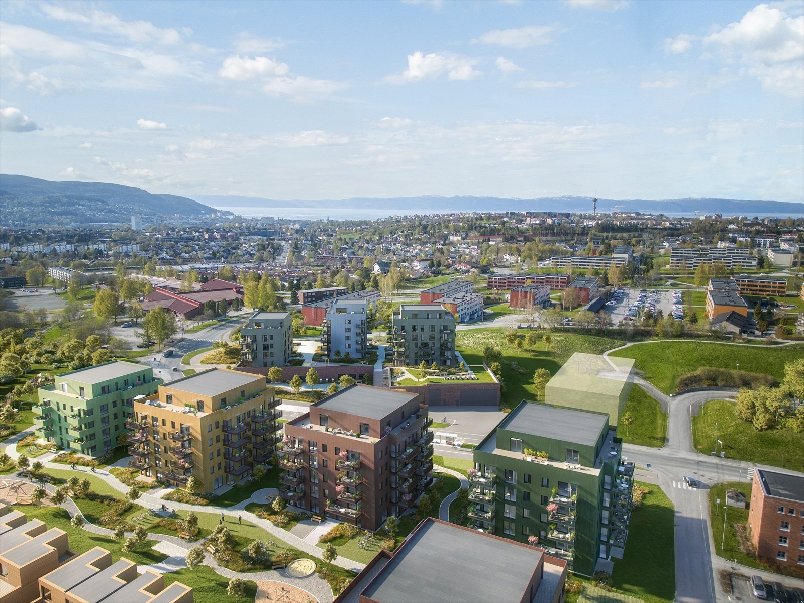 Oversikt over de to første feltene i prosjektet, bestående av til sammen 7 bygg. Galleribilde