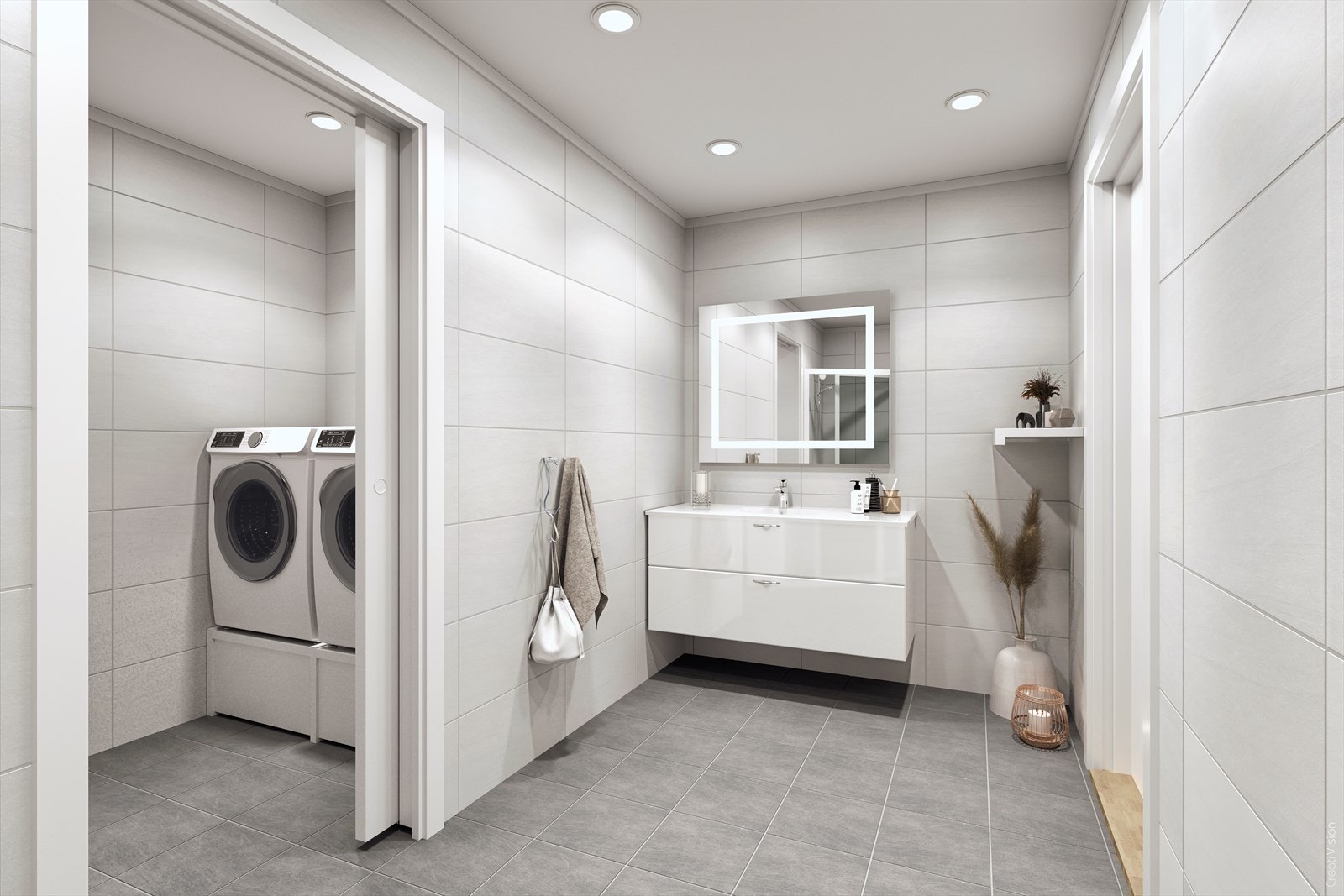 Heilflisa bad i 1. etasje med eiga nisje for vaskerom/teknisk rom Galleribilde