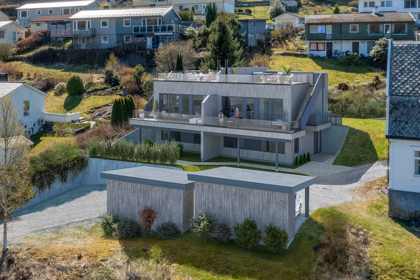Det vert oppført carport med sportsbod til kvar eining. Det vert også plass til gjesteparkering Galleribilde