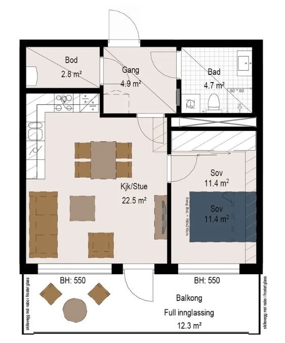 Plantegning leilighet 3-0403. Romslig 2-roms med stor innglasset balkong Galleribilde