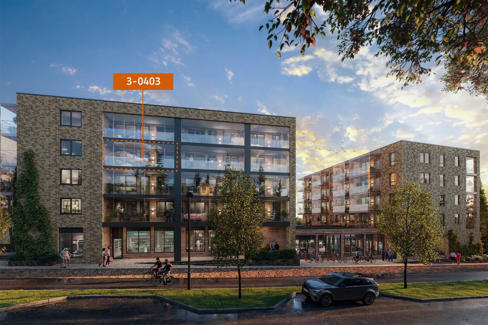 Lekre fasader i teglstein og glass. Illustrasjon med boligen markert på sydfasaden. Galleribilde