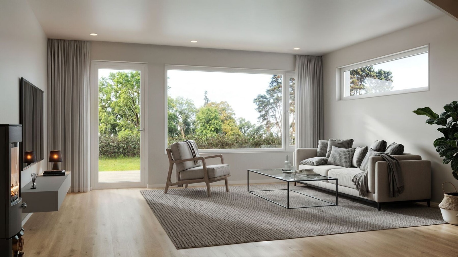 Store vinduer i stuen vil gi rikelig med lys på dagtid, og det er i tillegg utgang til markterrasse. Galleribilde