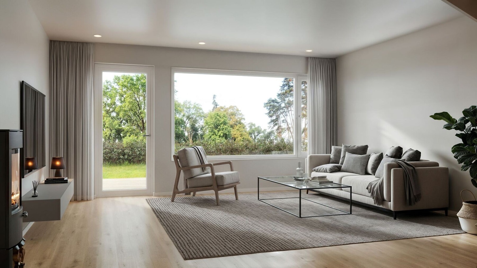 Store vinduer i stuen vil gi rikelig med lys på dagtid, og det er i tillegg utgang til markterrasse. Galleribilde