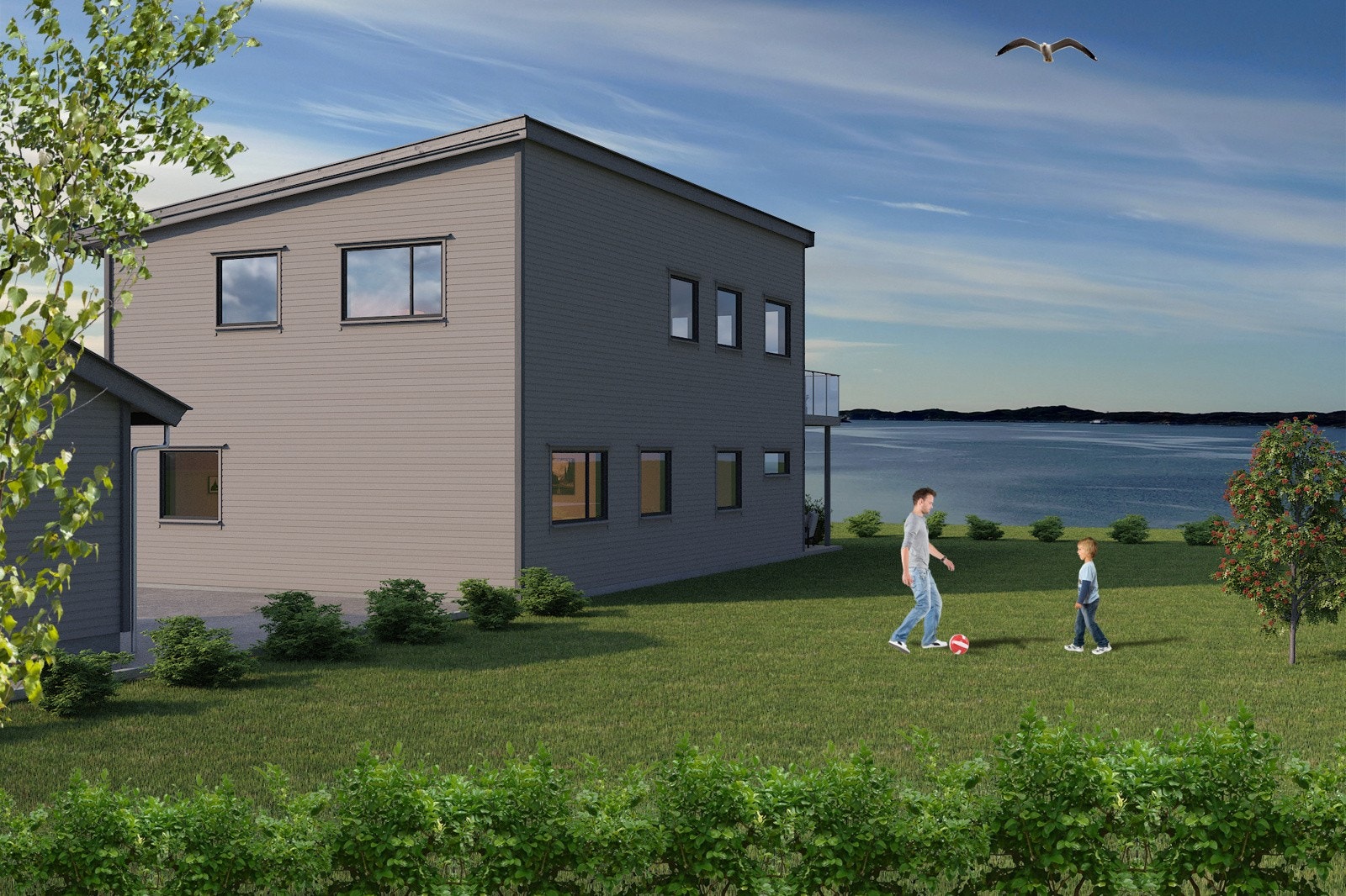 Fra hagen kan du nyte en nydelig utsikt over fjorden og området rundt. 3D illustrasjon, avvik kan forekomme. Trær, beplanting og plen leveres ikke Galleribilde