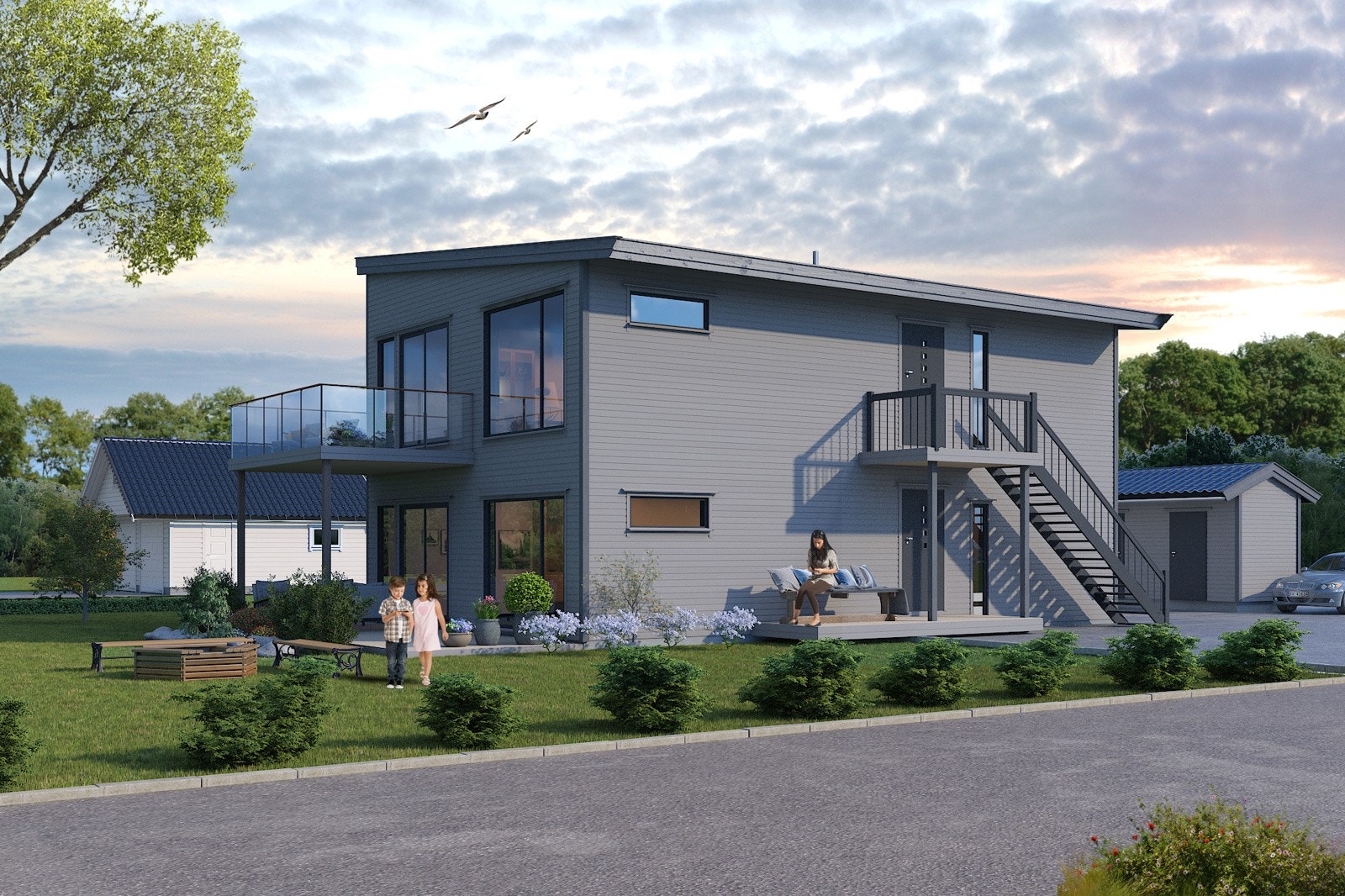 Landlige omgivelser. 3D illustrasjon, avvik kan forekomme. Trær, beplanting og plen leveres ikke Galleribilde