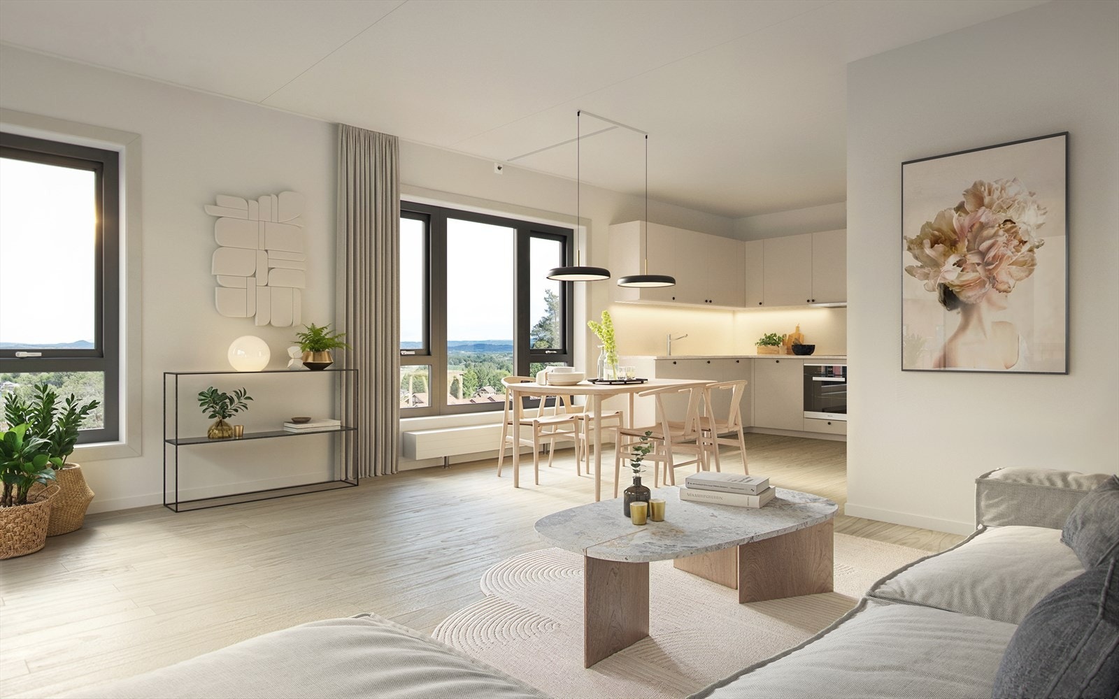 Illustrasjon fra leilighet 407. I Kongla blir kjøkkeninnredning i fargen "korn". Galleribilde