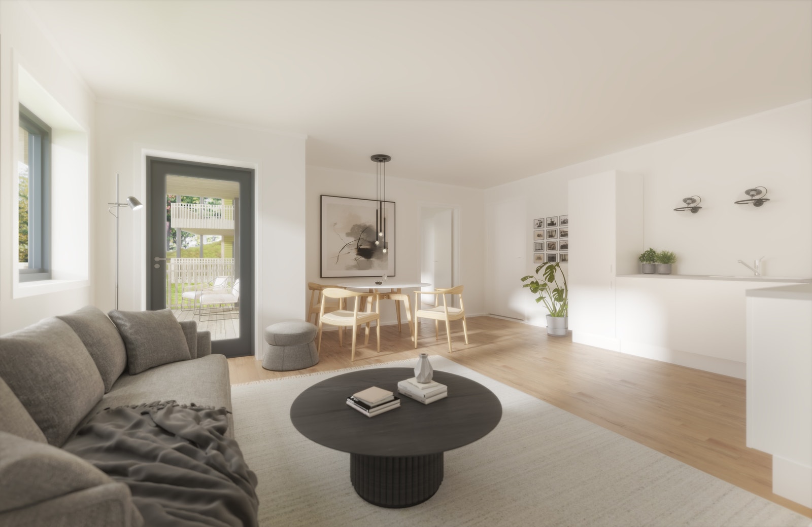 Verandadør ut til balkong fra stue/kjøkken. Praktisk på varme sommerdager hvis man vil ta middagen ute! Galleribilde