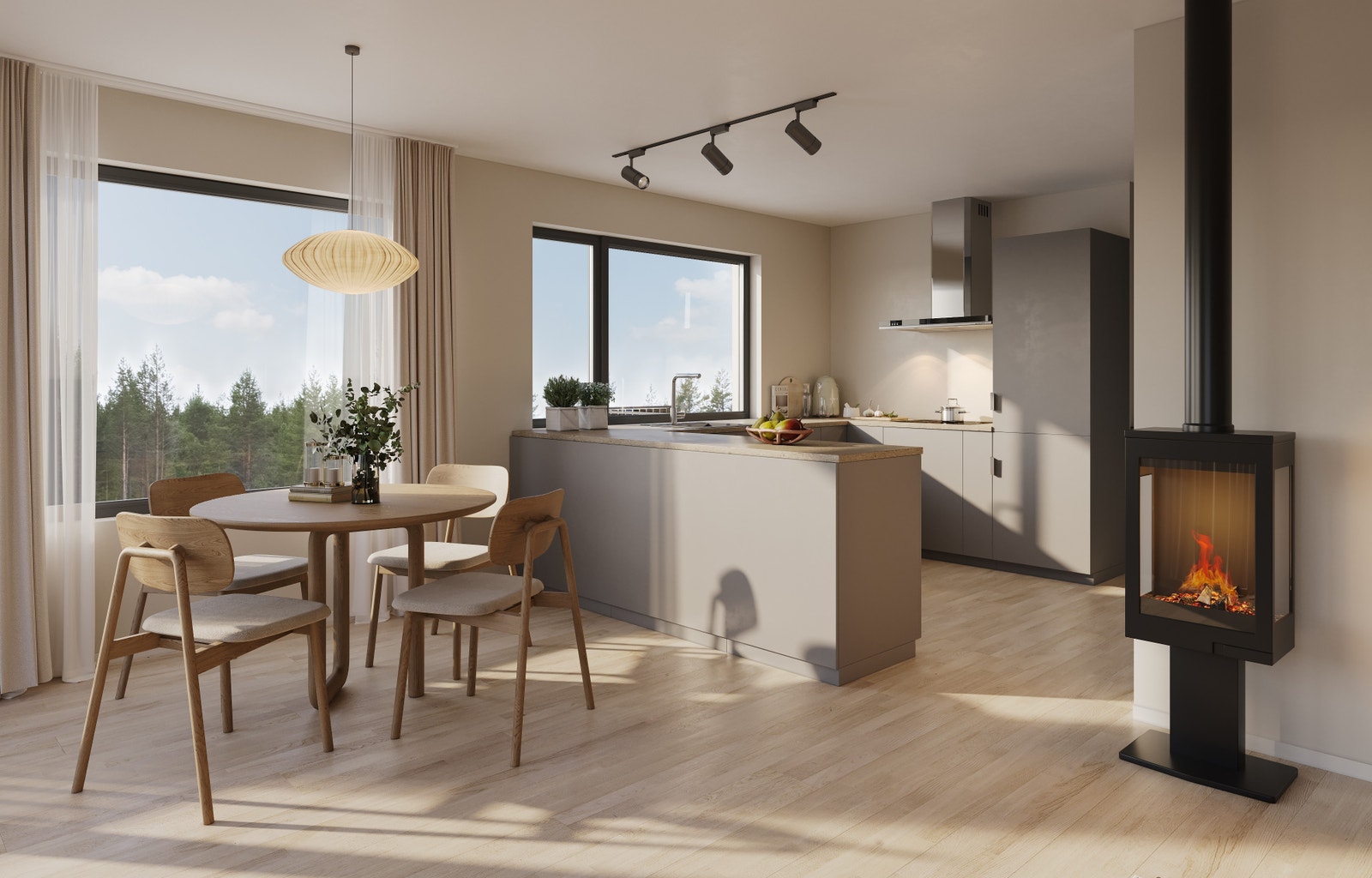 Oppgraderte overflater: slette vegger og tak, med listefritt i tak og rundt vinduer (Bilde er av illustrativ karakter og avviker fra vår standardleveranse)
NB: leilighet A1/B1 har ikke vindu over benk med vask i kjøkken. ) Galleribilde