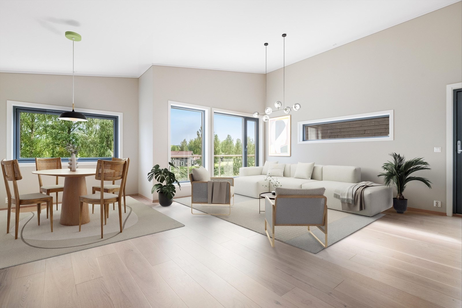 Romslig stue med store vinduer som gir både godt med lys og utsikt. Digitalt stylet. Galleribilde