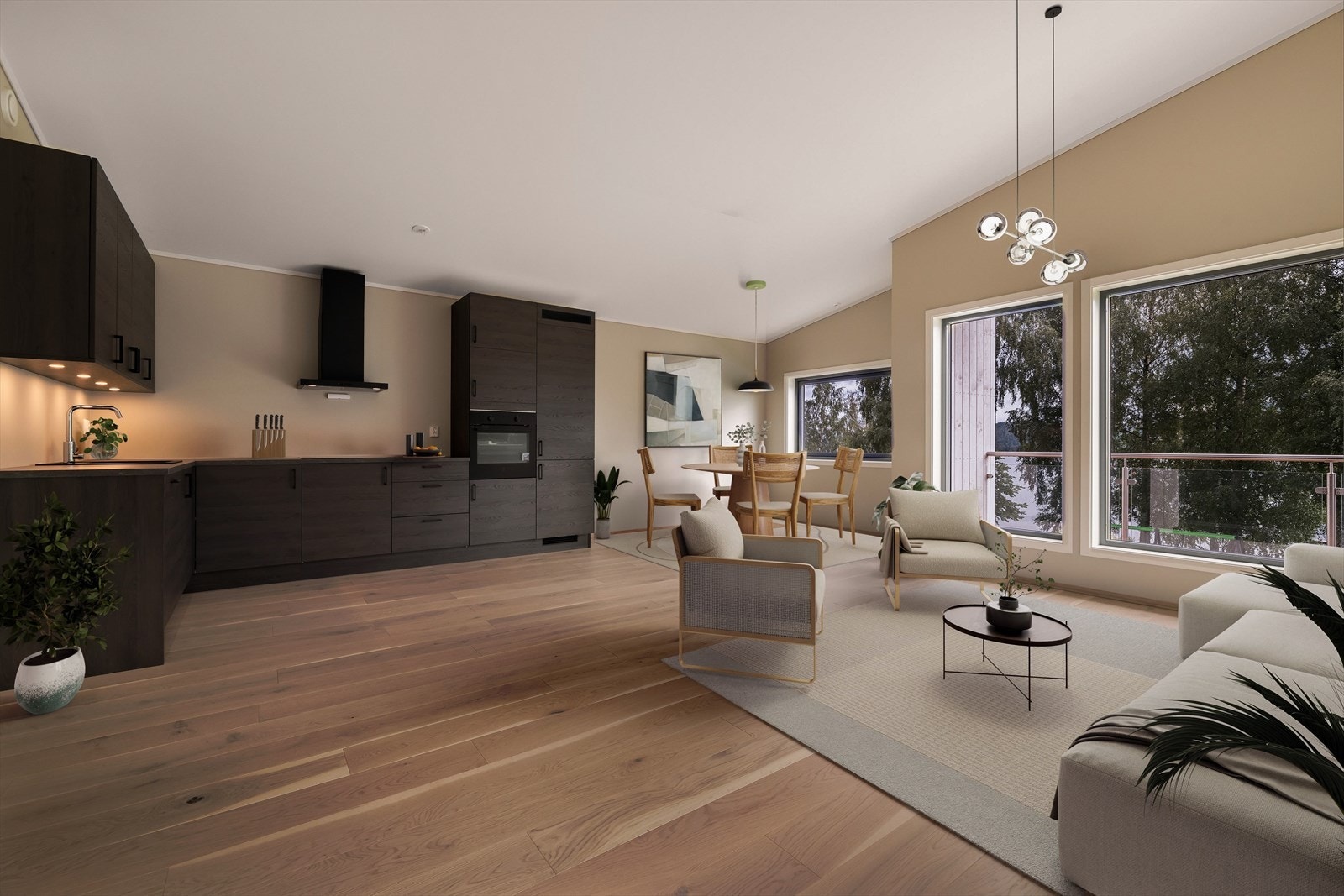 Romslig stue med lekker åpen kjøkkenløsning. Digitalt stylet. Galleribilde