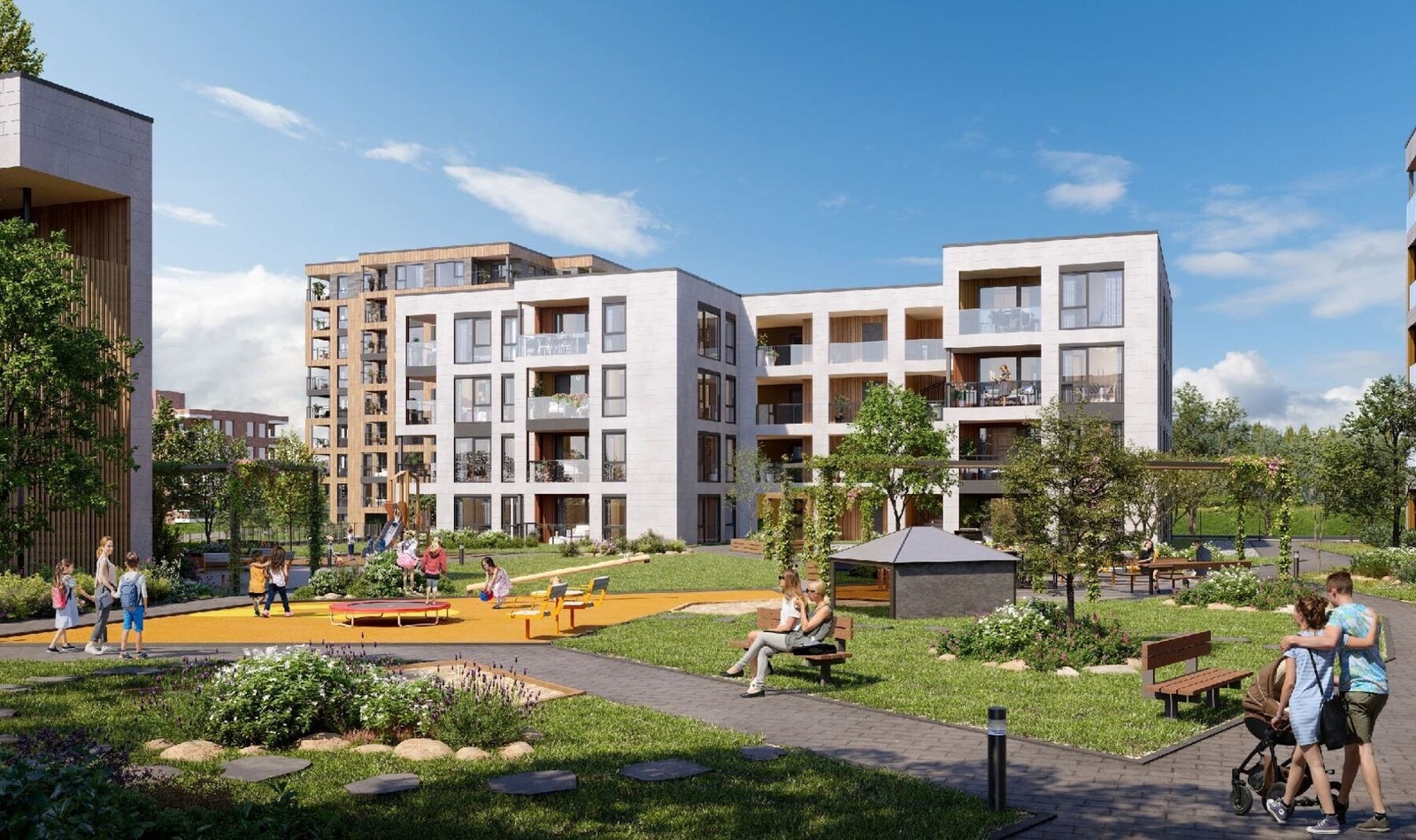 Her vil du få grønne takterrasser og trivelige lekeplasser. Alt du trenger for å skape et levende lokalsamfunn. Illustrasjon fasade. Avvik vil forekomme. Galleribilde