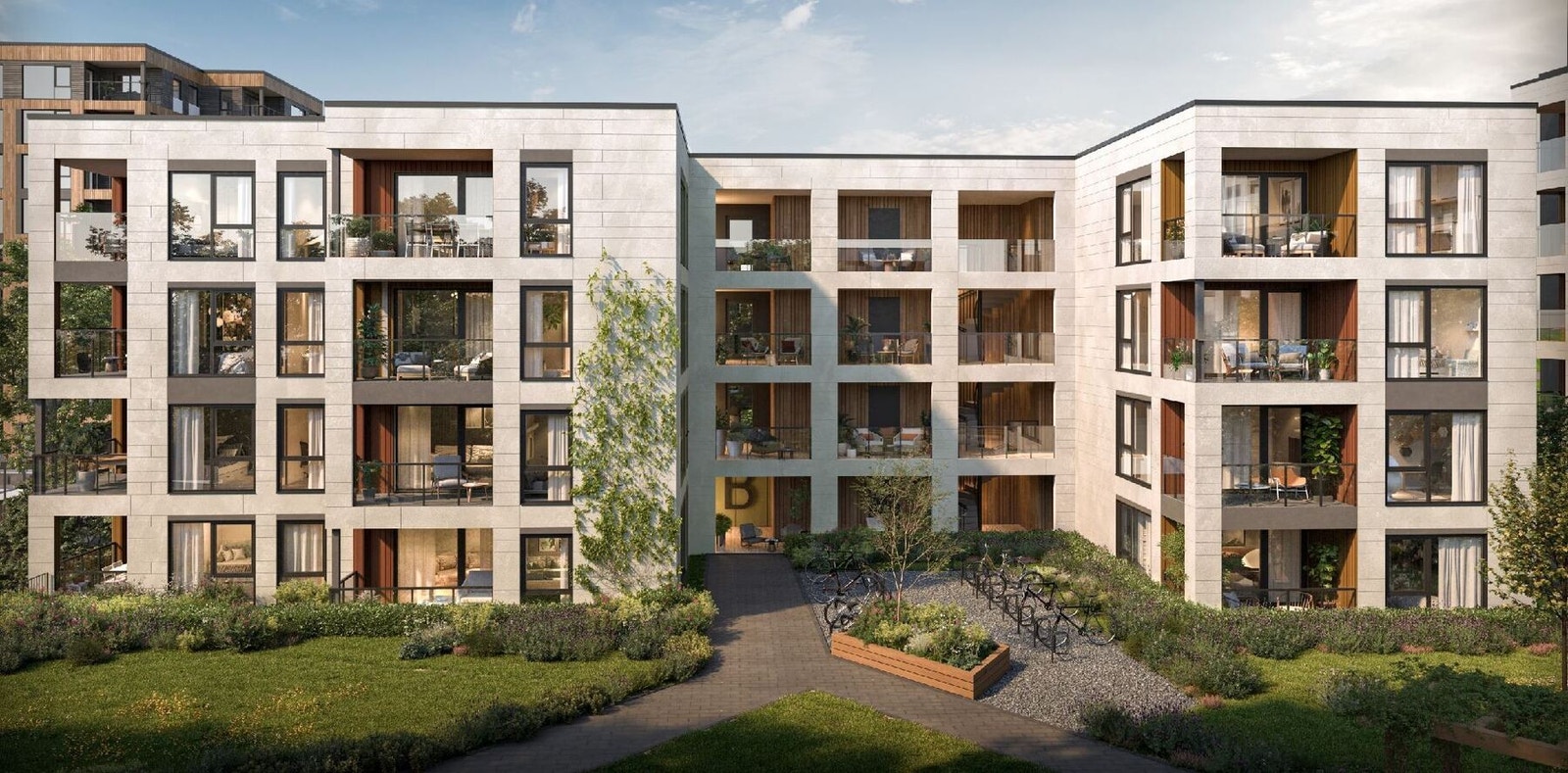 Med flotte leiligheter, uteservering i gågaten og trivelige, grønne uterom er Saupstad Torg et godt sted for å møtes - og leve. Rett og slett Trondheims nye pulserende bydel. Illustrasjon fasade. Avvik vil forekomme. Galleribilde