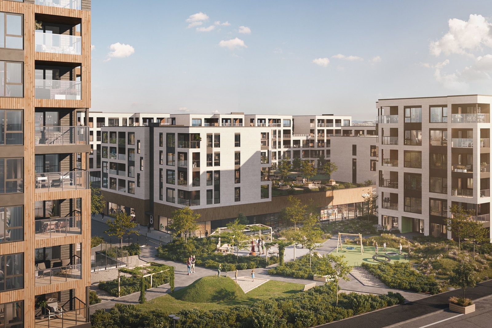 Leilighetene på Saupstad Torg blir bygd på taket av det nye kjøpesenteret, som vil fungere som bydelssentrum for området. Som beboer her vil du nyte godt av fasilitetene i prosjektet. Illustrasjon fasade. Avvik vil forekomme. Galleribilde