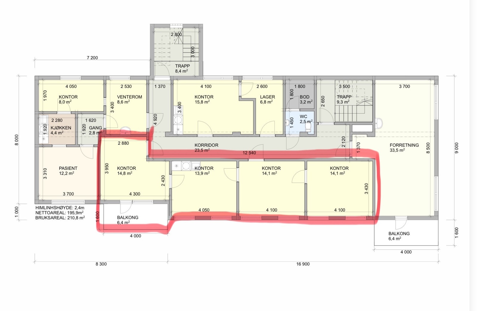 Avmerket de ledige lokaler, fire romslige rom som kan inndeles med behandlingsrom, eventuelt kontorer møterom, kjøkken mv. Toaletter i umiddelbar nærhet. Galleribilde