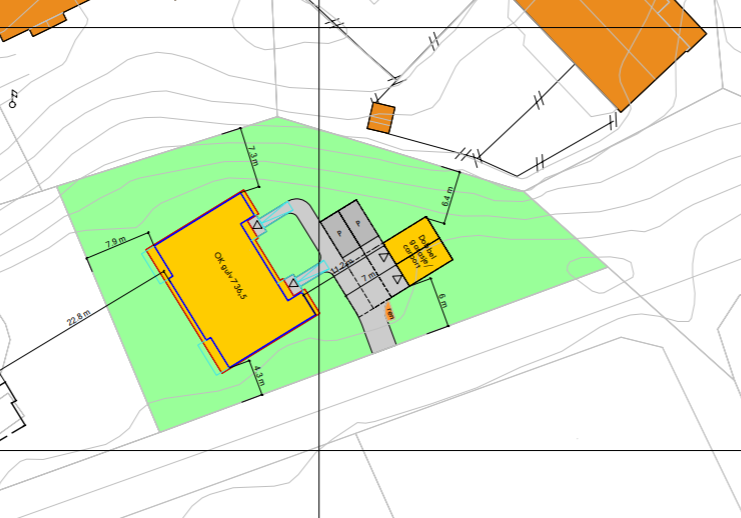 Situasjonsplan som viser plassering av tomannsbolig og dobbelgarasje med sportsboder. Dobbelgarasjen skal oppføres før vinteren. Galleribilde