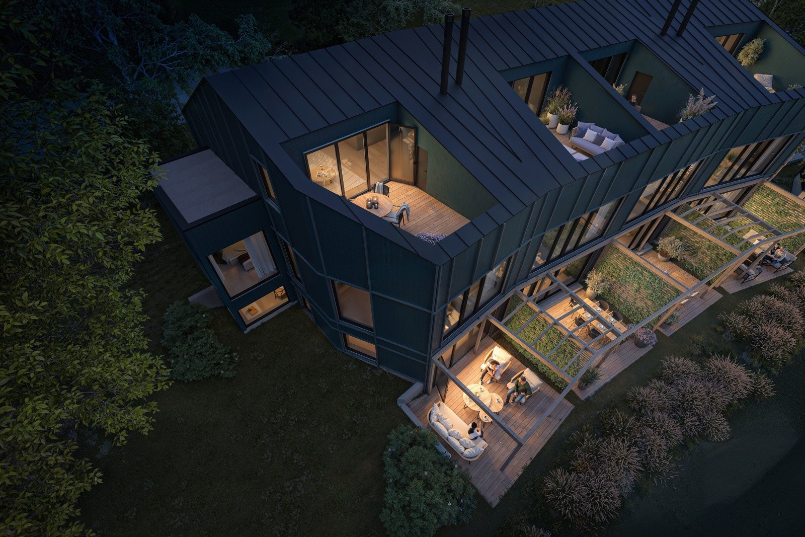 Hver enhet har privat parkering, stor terrasse, takterrasse, hage og tilgang til et flott fellesareal. - Illustrasjon er av illustrativ karakter og angir nødvendigvis ikke korrekt gjengivelse av elementer i boligene. Perogla og sidevegger leveres ikke, me Galleribilde