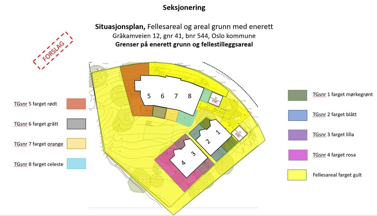 Fordeling bruk av tomt - Forslag seksjonering. Hus A=1, Hus B=2 osv. Galleribilde