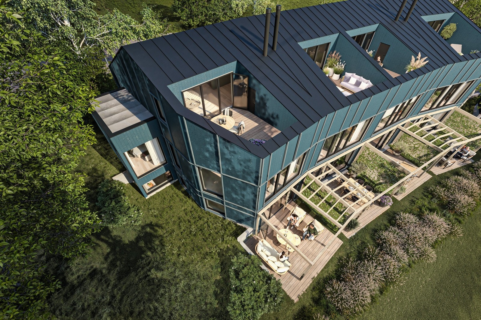 Her tilbys både stilrene tomannsboliger og romslige rekkehus - Illustrasjon er av illustrativ karakter og angir nødvendigvis ikke korrekt gjengivelse av elementer i boligene. Perogla og sidevegger leveres ikke, men kan bestilles som tilvalg. Galleribilde