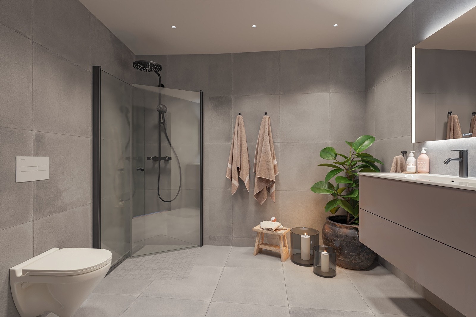 Badene vil være stilrene og tidløse, med moderne og funksjonelle løsninger - Illustrasjon er av illustrativ karakter og angir nødvendigvis ikke korrekt gjengivelse av elementer i boligene. Galleribilde