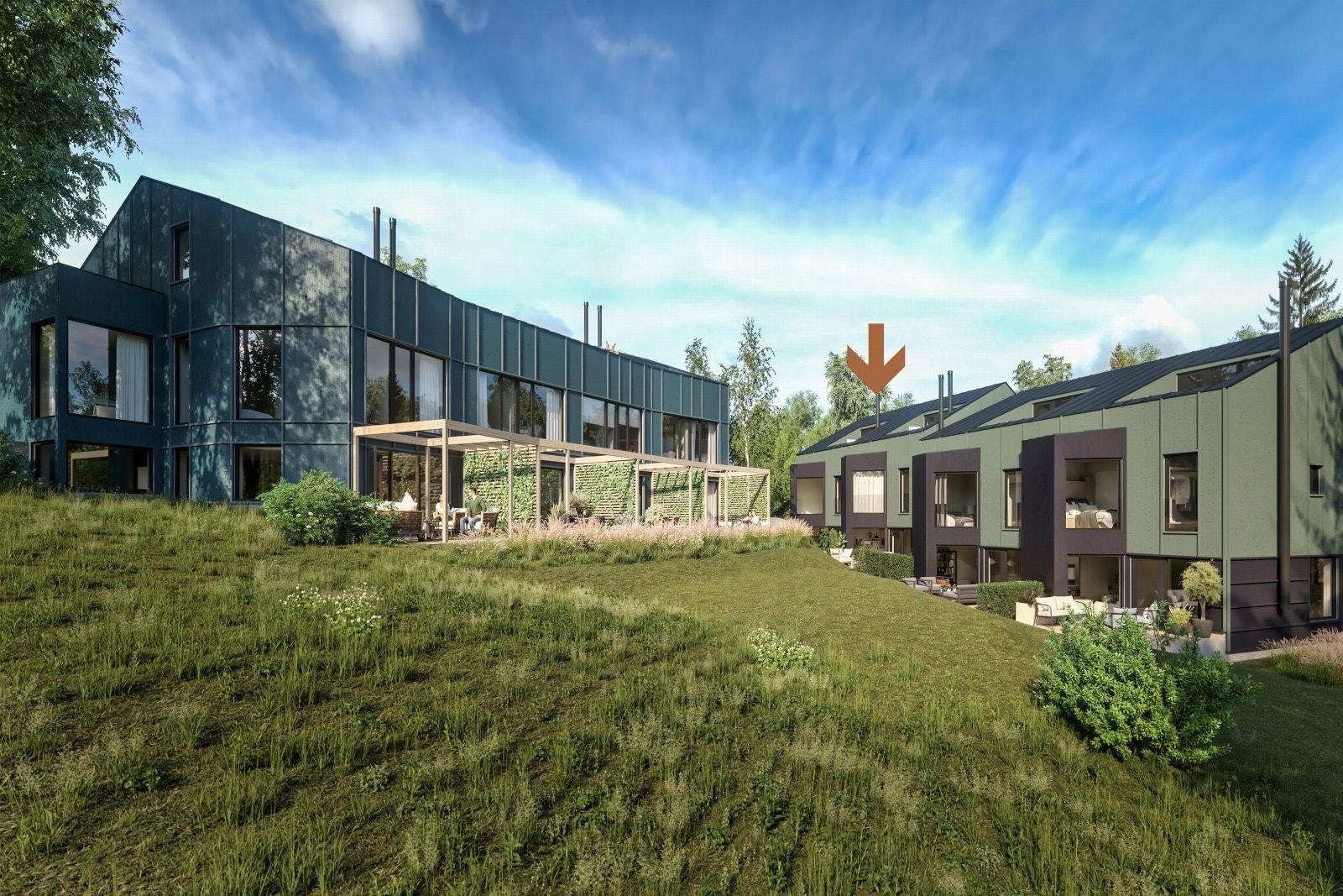 Gråkamveien 12 A - Tomannsbolig - Markert med pil - Illustrasjon er av illustrativ karakter og angir nødvendigvis ikke korrekt gjengivelse av elementer i boligene. Pergola leveres ikke Galleribilde