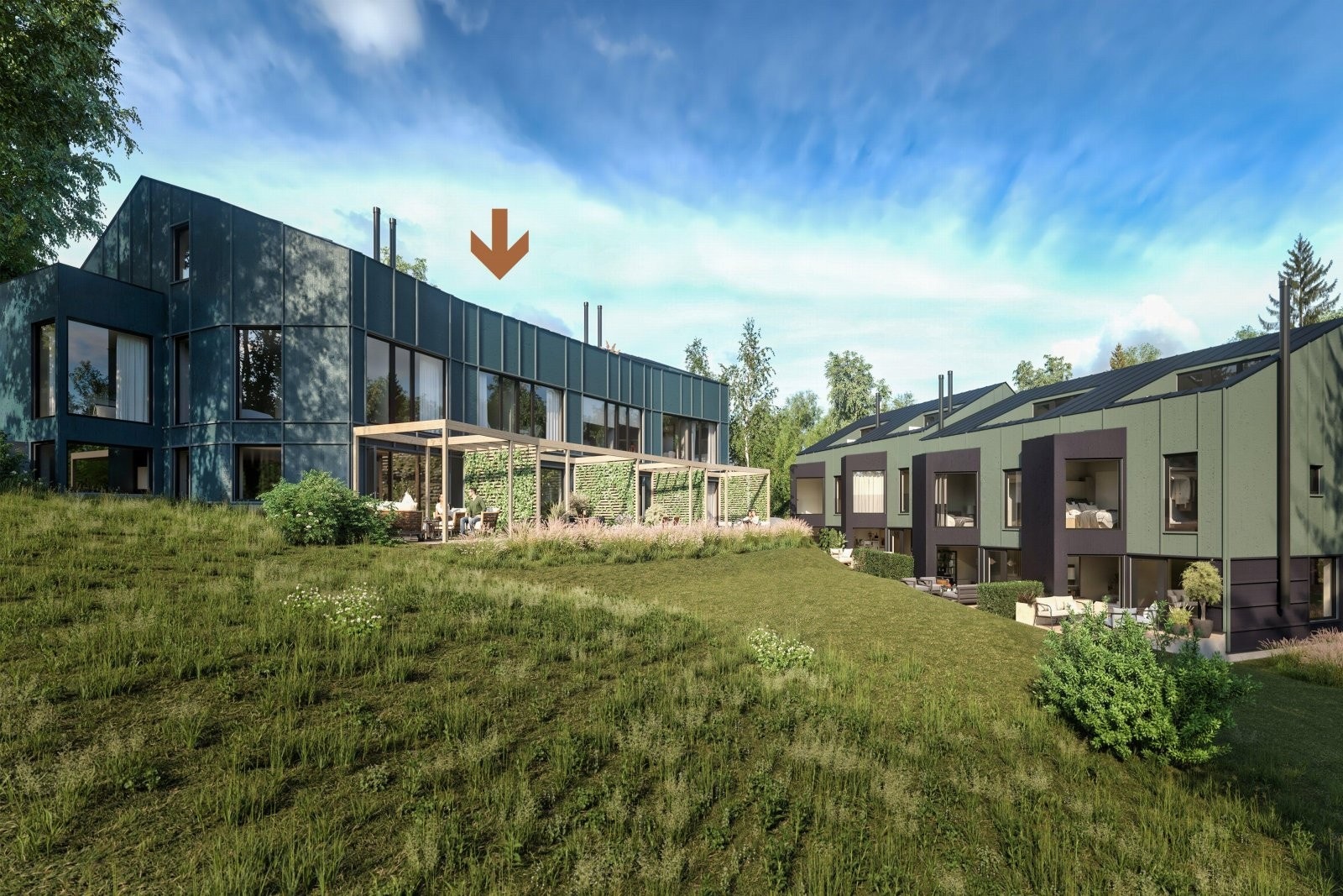 Gråkamveien 12 F - Rekkehus - Markert med pil - Illustrasjon er av illustrativ karakter og angir nødvendigvis ikke korrekt gjengivelse av elementer i boligene. Pergola leveres ikke Galleribilde