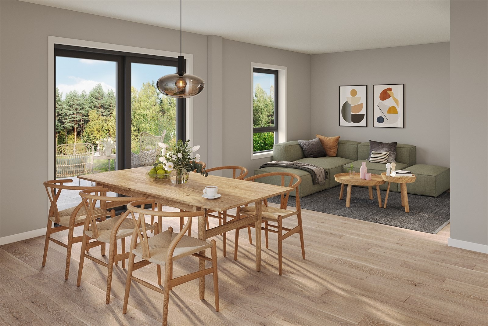 Stue/spisestue med utgang til hage. Bildet er kun ment som en illustrasjon og avvik fra standard kan forekomme. Galleribilde