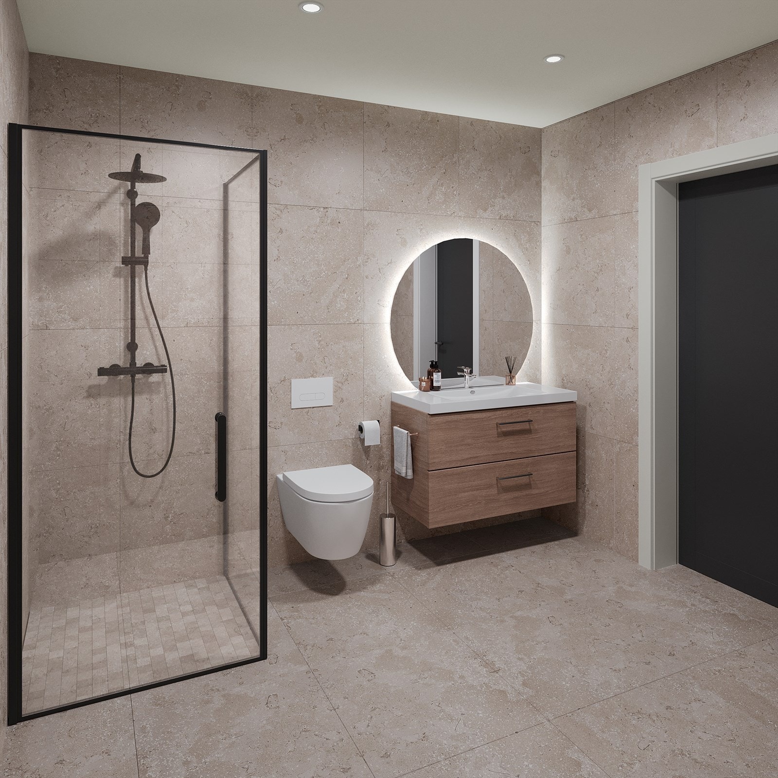 Delikat flislagt bad med opplegg for vaskemaskin. Bildet er kun ment som en illustrasjon og avvik fra standard kan forekomme. Galleribilde