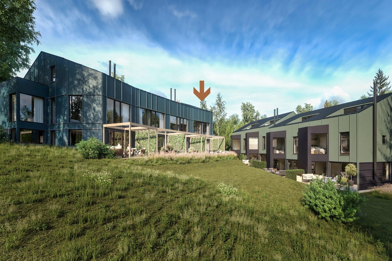 Gråkamveien 12 H - Nest største enderekkehus - Markert med pil - Illustrasjon er av illustrativ karakter og angir nødvendigvis ikke korrekt gjengivelse av elementer i boligene. Pergola leveres ikke Galleribilde