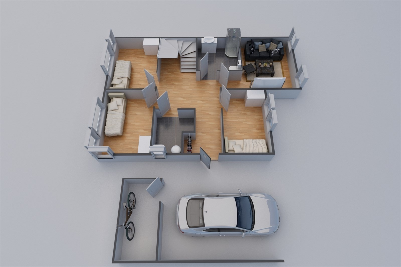 3D plantegning 1. etasje Galleribilde