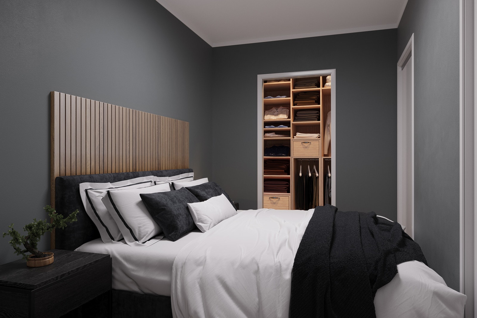 Illustrasjon av soverom i 2-roms leilighet med alternativ planløsning. Innredning i walkinboden medfølger ikke. Galleribilde
